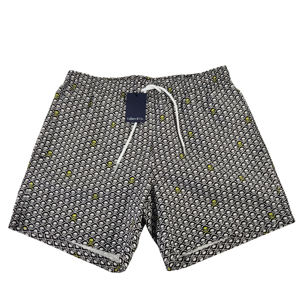 Collars & Co Mens High Voltage Skull Print‎ Swim Trunks Black White Neon Size M